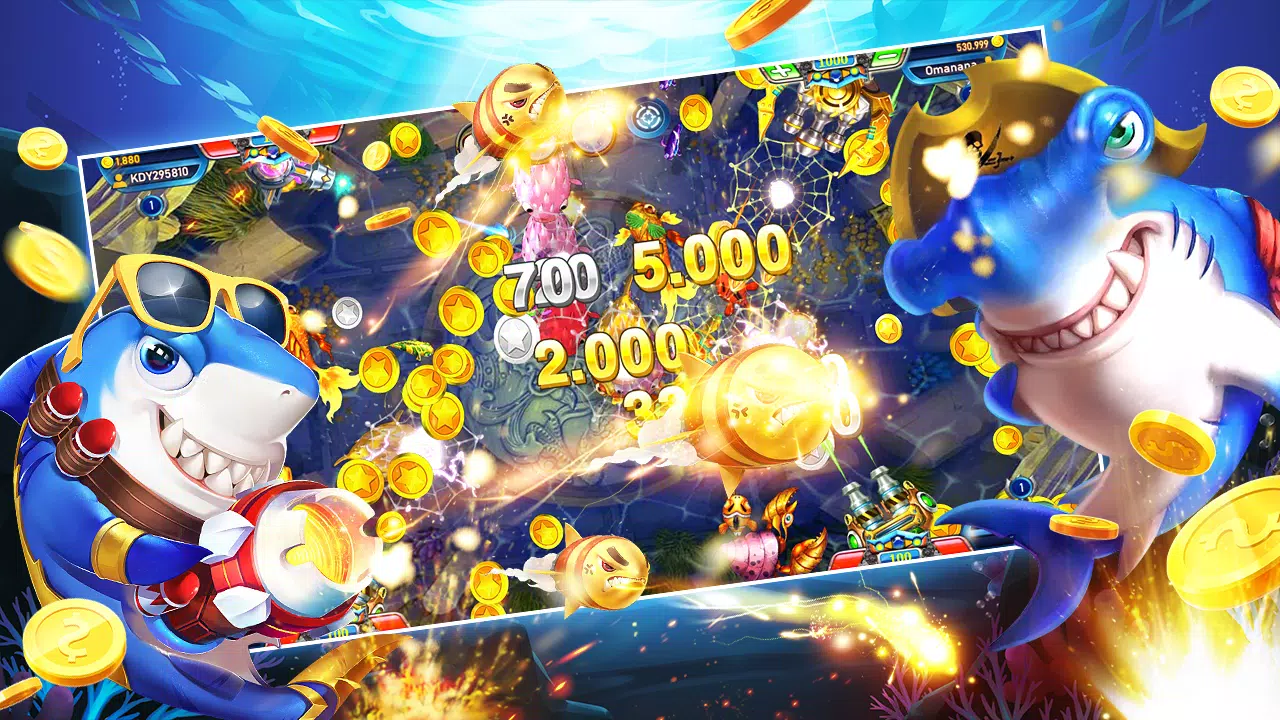 ฉากเกมยิงปลาใต้น้ำพร้อมเป้าหมายหลากหลายบนหน้าจอ